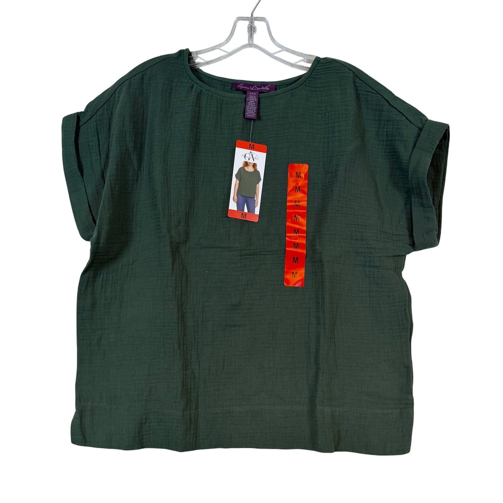 NWT Gloria Vanderbilt Women Green Cotton Gauze Cuffed Sleeve Top •M• Coastal